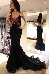 Black Lace Mermaid V-Neck Backless Prom Evening Gown